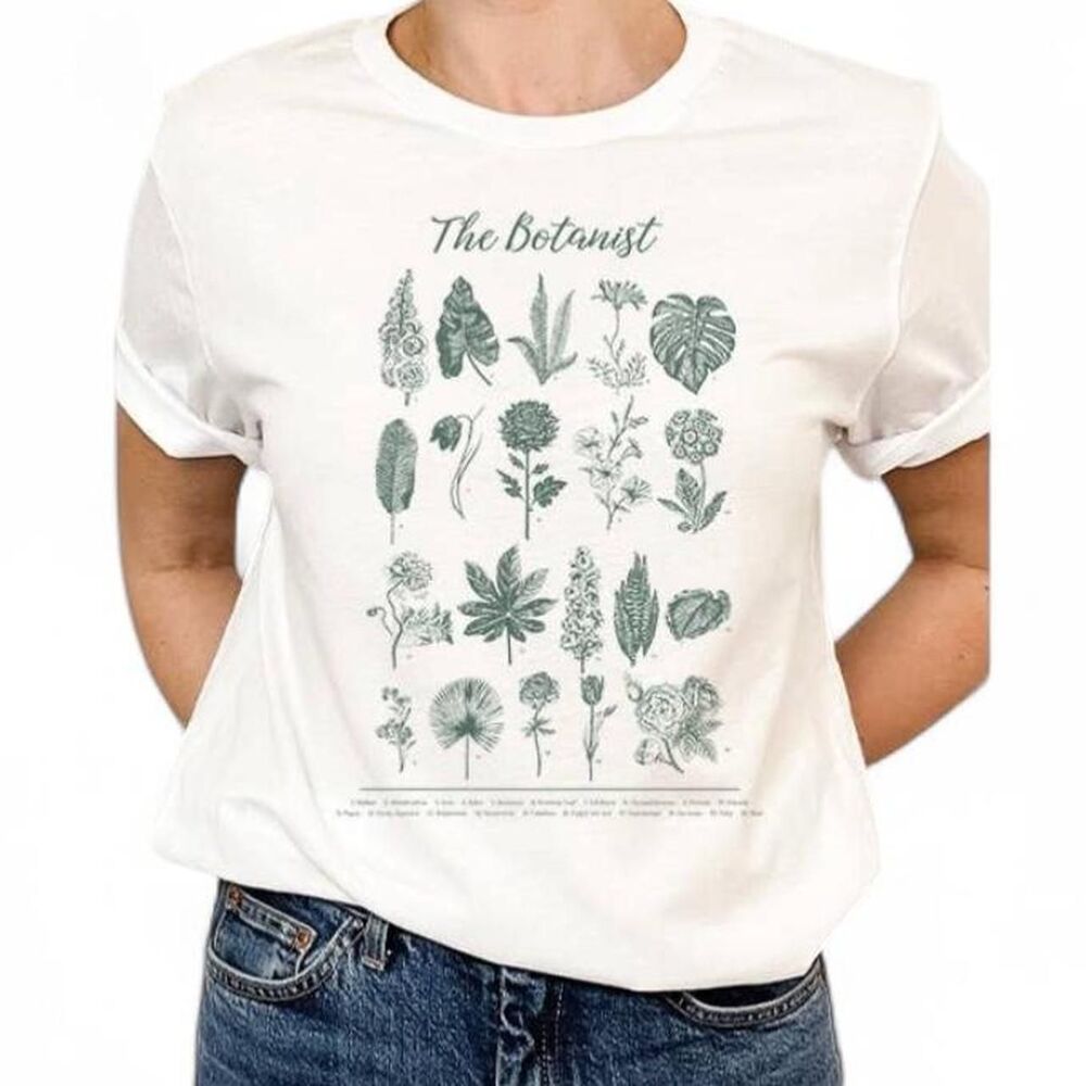 The Botanist cotton Tultex Women's Cream and Green plant T-shirt